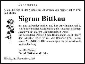 Traueranzeige von Sigrun Bittkau  von Magdeburger Volksstimme