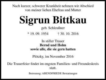 Traueranzeige von Sigrun Bittkau (geb. Schleußner)  von Magdeburger Volksstimme