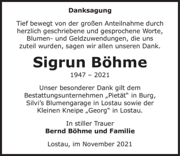 Traueranzeige von Sigrun Böhme  von Magdeburger Volksstimme
