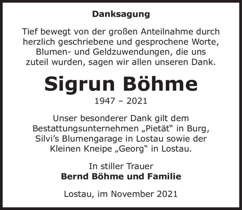  Traueranzeige für Sigrun Böhme  vom 04.12.2021 aus Magdeburger Volksstimme
