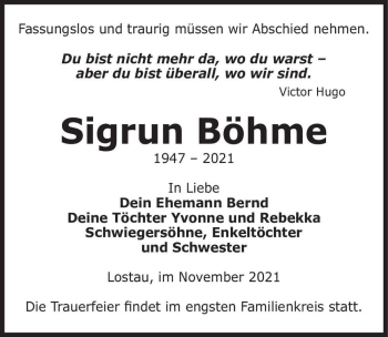Traueranzeige von Sigrun Böhme  von Magdeburger Volksstimme