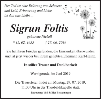 Traueranzeige von Sigrun Foltis (geb. Nickell)  von Magdeburger Volksstimme