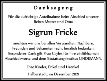 Traueranzeige von Sigrun Fricke  von Magdeburger Volksstimme