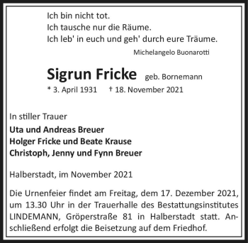 Traueranzeige von Sigrun Fricke (geb. Bornemann)  von Magdeburger Volksstimme