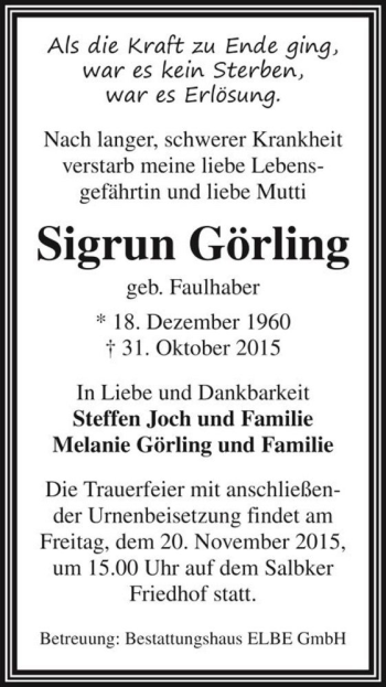Traueranzeige von Sigrun Görling (geb. Faulhaber)  von Magdeburger Volksstimme