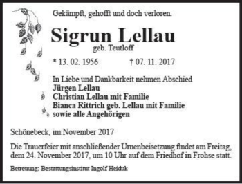 Traueranzeige von Sigrun Lellau (geb. Teutloff)  von Magdeburger Volksstimme