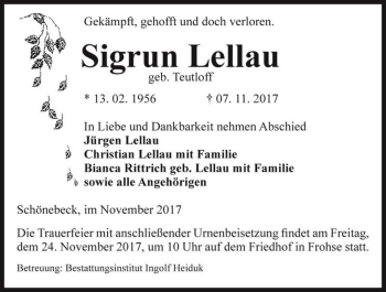 Traueranzeige von Sigrun Lellau (geb. Teutloff)  von Magdeburger Volksstimme