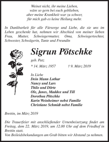 Traueranzeige von Sigrun Pötschke (geb. Patz)  von Magdeburger Volksstimme