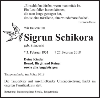 Traueranzeige von Sigrun Schikora (geb. Sniadecki)  von Magdeburger Volksstimme