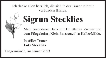 Traueranzeige von Sigrun Stecklies  von Magdeburger Volksstimme