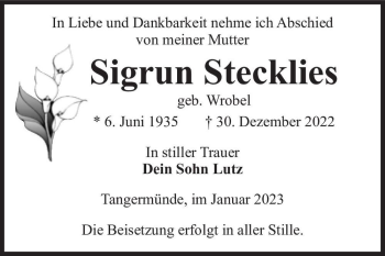 Traueranzeige von Sigrun Stecklies (geb. Wrobel)  von Magdeburger Volksstimme