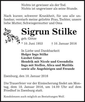 Traueranzeige von Sigrun Stilke (geb. Götze)  von Magdeburger Volksstimme
