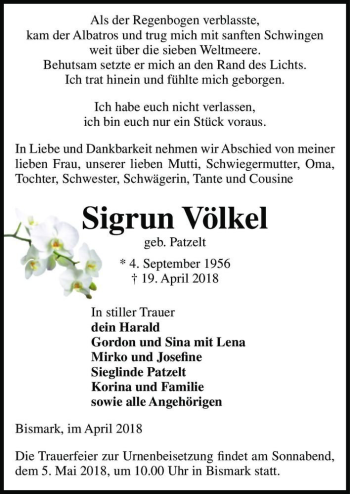 Traueranzeige von Sigrun Völkel (geb. Patzelt)  von Magdeburger Volksstimme