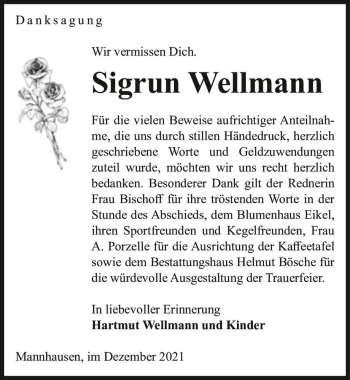 Traueranzeige von Sigrun Wellmann  von Magdeburger Volksstimme