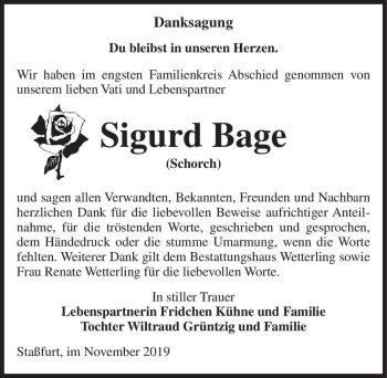 Traueranzeige von Sigurd Bage (Schorch)  von Magdeburger Volksstimme