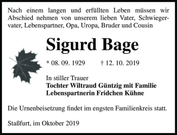 Traueranzeige von Sigurd Bage  von Magdeburger Volksstimme