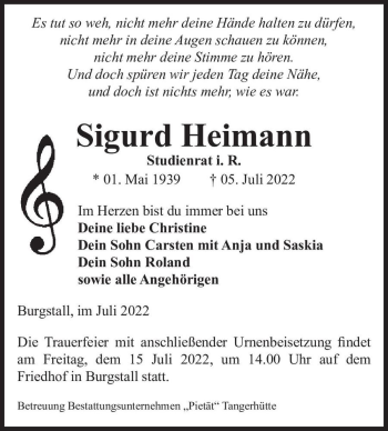 Traueranzeige von Sigurd Heimann  von Magdeburger Volksstimme