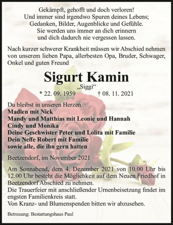 Traueranzeige von Sigurt Kamin 
