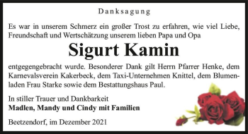 Traueranzeige von Sigurt Kamin  von Magdeburger Volksstimme