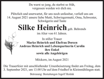 Traueranzeige von Silke Heinrich (geb. Behrends)  von Magdeburger Volksstimme
