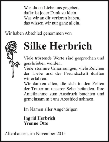 Traueranzeige von Silke Herbrich  von Magdeburger Volksstimme