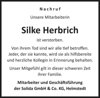 Traueranzeige von Silke Herbrich  von Magdeburger Volksstimme