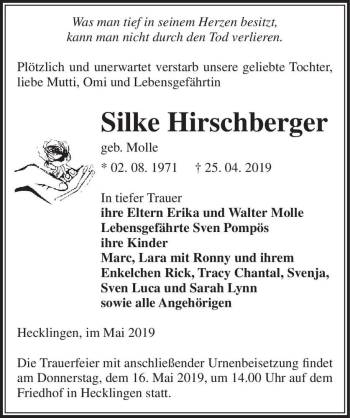Traueranzeige von Silke Hischberger (geb. Molle)  von Magdeburger Volksstimme