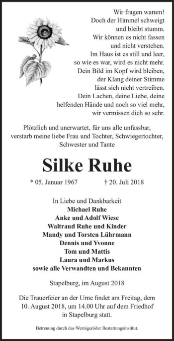 Traueranzeige von Silke Ruhe  von Magdeburger Volksstimme
