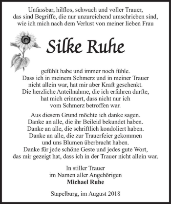 Traueranzeige von Silke Ruhe  von Magdeburger Volksstimme