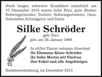 Traueranzeige von Silke Schröder (geb. Treu)  von Magdeburger Volksstimme