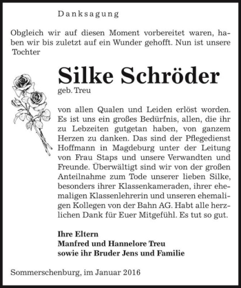 Traueranzeige von Silke Schröder (geb. Treu)  von Magdeburger Volksstimme