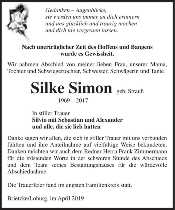 Traueranzeige von Silke Simon (geb. Strauß)  von Magdeburger Volksstimme