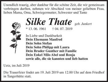 Traueranzeige von Silke Thate (geb. Junkert)  von Magdeburger Volksstimme