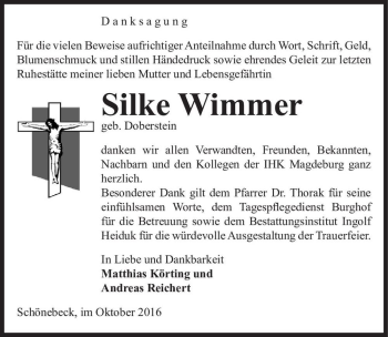 Traueranzeige von Silke Wimmer (geb. Doberstein)  von Magdeburger Volksstimme