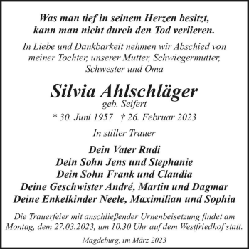 Traueranzeige von Silvia Ahlschläger (geb. Seifert)  von Magdeburger Volksstimme