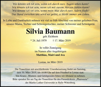 Traueranzeige von Silvia Baumann (geb. Eichhorn)  von Magdeburger Volksstimme