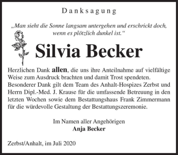 Traueranzeige von Silvia Becker  von Magdeburger Volksstimme