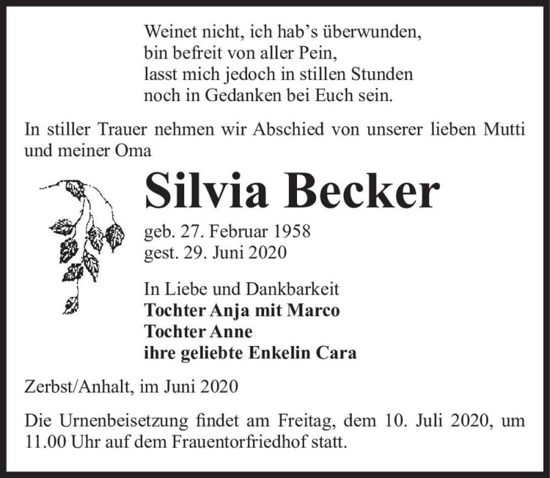  Traueranzeige für Silvia Becker  vom 04.07.2020 aus Magdeburger Volksstimme