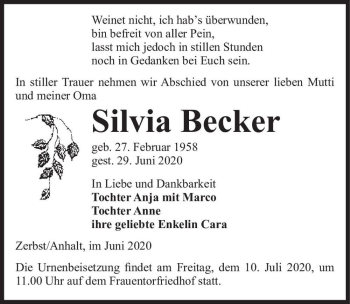 Traueranzeige von Silvia Becker  von Magdeburger Volksstimme