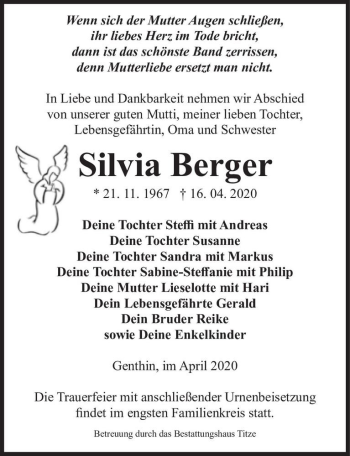 Traueranzeige von Silvia Berger  von Magdeburger Volksstimme
