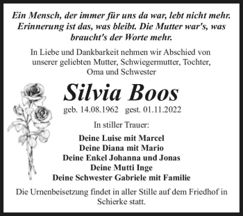 Traueranzeige von Silvia Boos  von Magdeburger Volksstimme