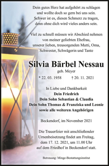 Traueranzeige von Silvia Bärbel Nessau (geb. Meyer)  von Magdeburger Volksstimme