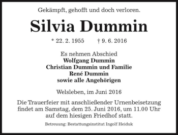 Traueranzeige von Silvia Dummin  von Magdeburger Volksstimme