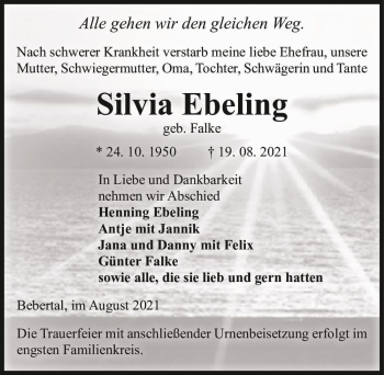 Traueranzeige von Silvia Ebeling (geb. Falke)  von Magdeburger Volksstimme