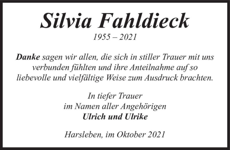  Traueranzeige für Silvia Fahldieck  vom 23.10.2021 aus Magdeburger Volksstimme