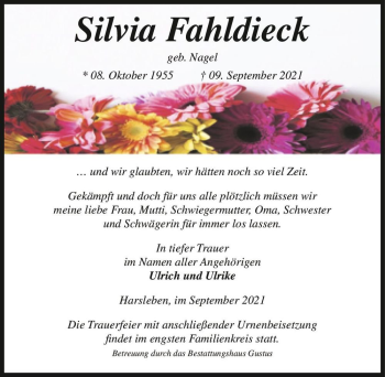 Traueranzeige von Silvia Fahldieck (geb. Nagel)  von Magdeburger Volksstimme