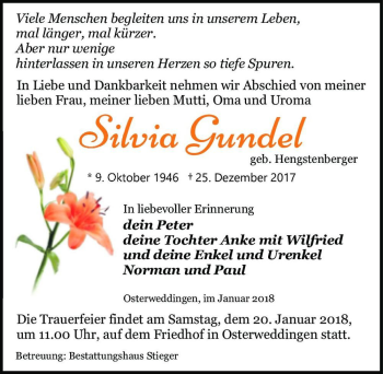 Traueranzeige von Silvia Gundel (geb. Hengstenberger)  von Magdeburger Volksstimme