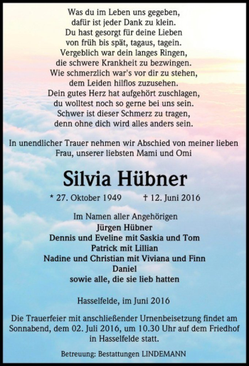 Traueranzeige von Silvia Hübner  von Magdeburger Volksstimme