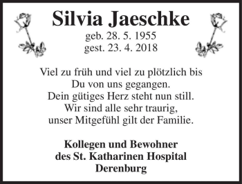 Traueranzeige von Silvia Jaeschke  von Magdeburger Volksstimme