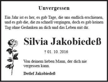 Traueranzeige von Silvia Jakobiedeß  von Magdeburger Volksstimme
